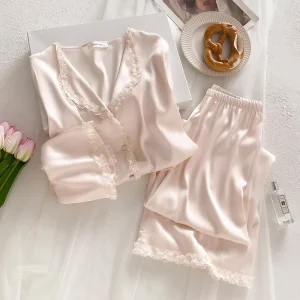 Women's Sweet Silk Pajamas Set Small Lapel Long Sleeves Pants Loose Trousers Spring Summer Comfort Mulberry Silk Solid Sweet XL - AliExpress Women's Sleep & Lounge