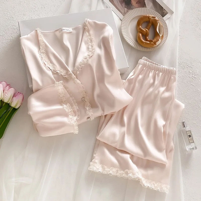 Women's Sweet Silk Pajamas Set Small Lapel Long Sleeves Pants Loose Trousers Spring Summer Comfort Mulberry Silk Solid Sweet XL - AliExpress Women's Sleep & Lounge