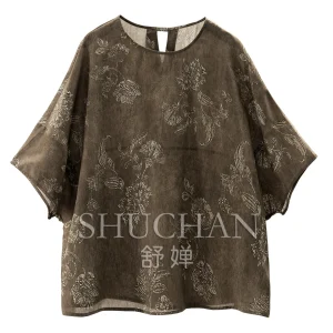Blouse Oriental Plant Print, Retro Round Neck Silk Short Sleeve Paper Man Shirt Women 11X6 Blouse for Women - AliExpress Shirts & Blouses