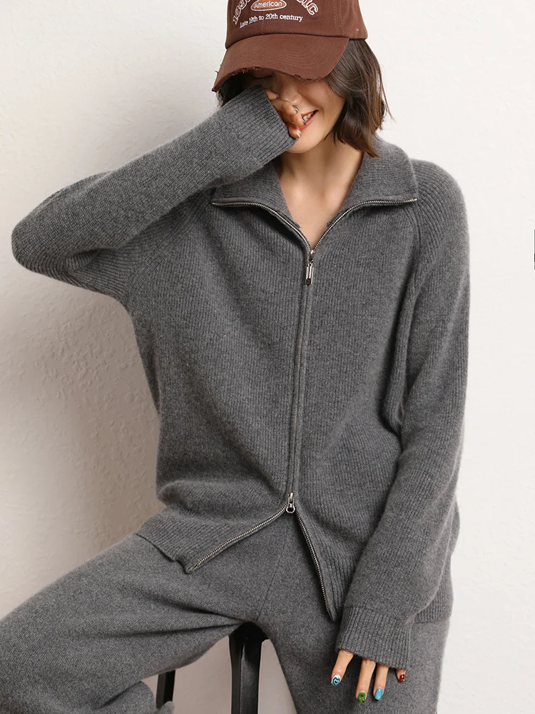 High-end Women 100% Cashmere Zipper Cardigan Autumn Winter Thick Turn-down Collar Sweater Coat Cashmere Knitwear Top Jacket - AliExpress Sweaters&Jumpers
