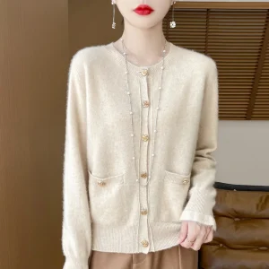2024 Spring and Autumn New Wool with Pocket Rose Cardigan Low round Neck Elegant Women's Coat - AliExpress Sweaters&Jumpers