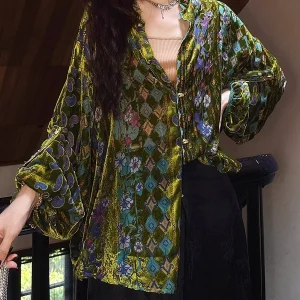 New Chinese Style Velvet Floral Shirt Women's Jacket Outerwear Trendy 2025 Spring Autumn Seasonal Nylon Fabric Long Sleeve - AliExpress Shirts & Blouses
