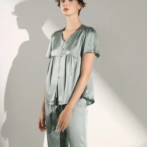 100 Mulberry Silk Buttons V Neck Tops & Elastic Pants Pajama Women's Sleepwear Short Sleeve Pajamas Princess Loungewear Lingerie - AliExpress Women's Sleep & Lounge