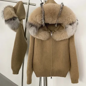 Women 2025 New Spring Autumn Real Fox Fur Kintwear Hooded Sweater Female Loose Zipper Kintted Jacket Cardigan - AliExpress Sweaters&Jumpers
