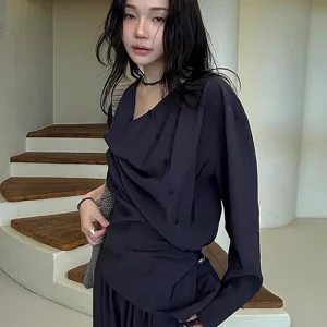 Moia Women's Shirt Summer Loose Feel Wrap Body Asymmetrical Commute Shirt Button Design Polyester Blend Long Sleeve Pure Color - AliExpress Shirts & Blouses