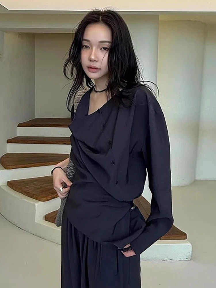 Moia Women's Shirt Summer Loose Feel Wrap Body Asymmetrical Commute Shirt Button Design Polyester Blend Long Sleeve Pure Color - AliExpress Shirts & Blouses
