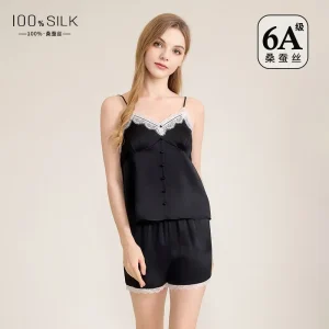 Lace Trim 100% Mulberry Silk Women Casual Cami and Shorts Pajamas Set V-Neck Suit Summer Sleepwear Camisole Sets with Chest Pad - AliExpress Women's Sleep & Lounge