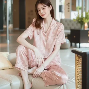 100% Mulberry Silk Short Sleeve Cardigan & Long Pants Korean Pajamas Suit Button Down Jacquard Lapel Shirt & Trousers Sleepwear - AliExpress Women's Sleep & Lounge