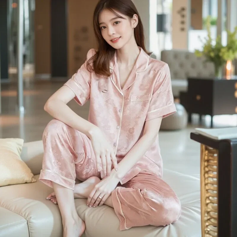 100% Mulberry Silk Short Sleeve Cardigan & Long Pants Korean Pajamas Suit Button Down Jacquard Lapel Shirt & Trousers Sleepwear - AliExpress Women's Sleep & Lounge