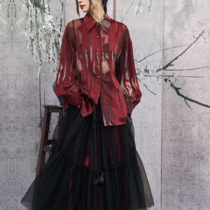 Dark Style Burned Flower Loose Women's Shirt Spring 2026 Red Color Breathable Comfortable Long Sleeve Casual Fashion Top - AliExpress Shirts & Blouses