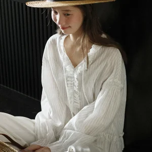 Lalaglow French Style Loose Sun Protection Shirt V-Neck Sleeveless Long Sleeve Striped Blouse with Lace Hem for Women - AliExpress Shirts & Blouses