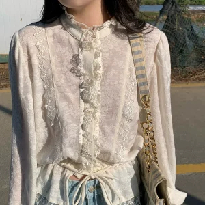 Spring Autumn Women Exquisite Butterfly Jacquard Lace Patchwork Woolen White Shirts/blouses - AliExpress Shirts & Blouses