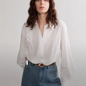 Elle Women's White Embroidered Hollow out Simple Style Shirt Loose Elegant Fashionable Autumn New Arrival French Style Button... - AliExpress Shirts & Blouses