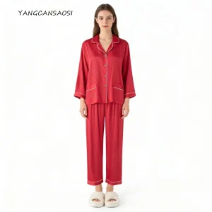 93%Natural Mulberry Silk Elastic Satin Pajama Set, Women's Long Sleeve Top Long Pants Solid Home Clothes, 2026Spring/Summer New - AliExpress Women's Sleep & Lounge