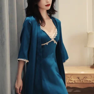 New blue color V-neck lace hollow silk sleepwear suspender nightgown, home suit set, thin design - AliExpress Women's Sleep & Lounge