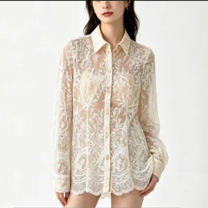 Luxury Beige Floral Lace Women's Blouses And Shirts Fashion Lapel Long Sleeve Sheer Embroidery Hollow Out Elegant Shirt - AliExpress Shirts & Blouses