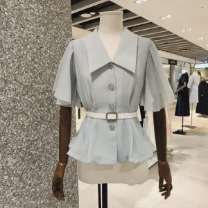Slimming Silk Blend ort Sve irt V Ne Belted Waist Hem Ruffle Korean Sle Commute Faion Women's Summer 2025 - AliExpress Shirts & Blouses