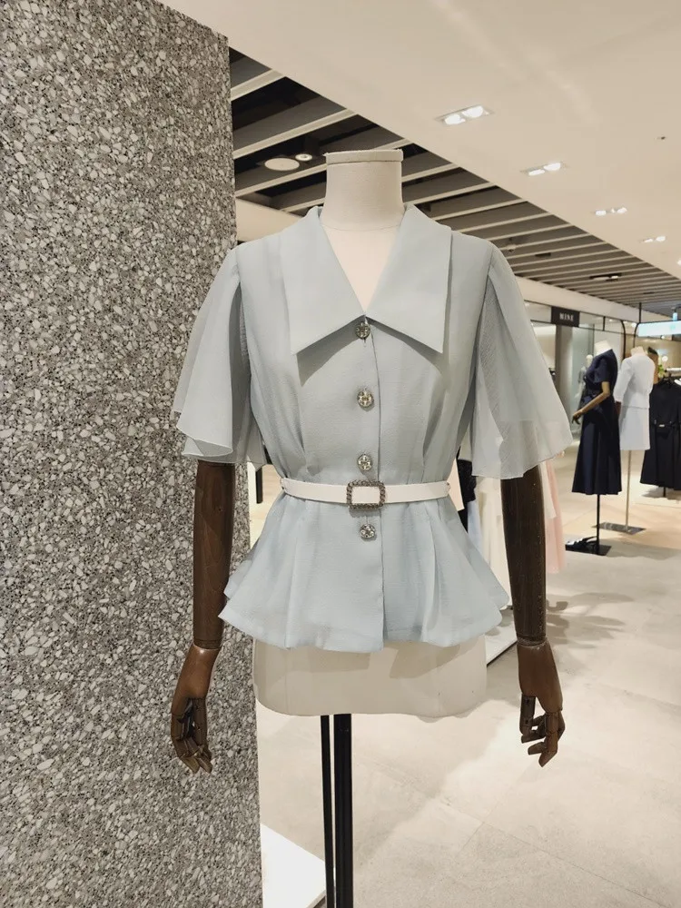 Slimming Silk Blend ort Sve irt V Ne Belted Waist Hem Ruffle Korean Sle Commute Faion Women's Summer 2025 - AliExpress Shirts & Blouses