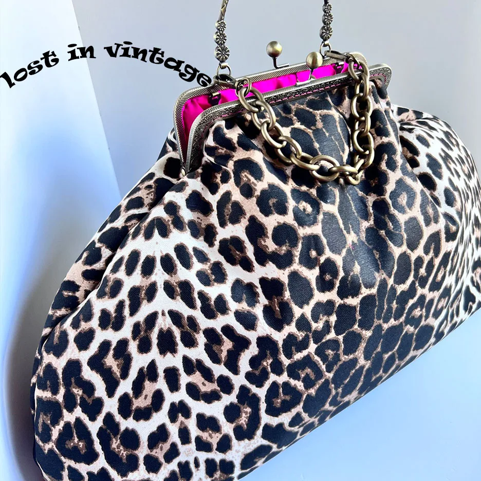 LOST IN VINTAGE Leopard Print Leather Fabric Ball Bronze Kiss-lock Large Purse Clutch with Twisted Chain Metal Frame 50х35х14c - AliExpress Women's Handbags