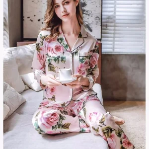 Floral Long Silk Pajama Set Women 100% Mulberry Silk Sleepwear 2pc Pajamas Suit Long Sleeve Cardigan Trousers Nightwear Homewear - AliExpress Women's Sleep & Lounge