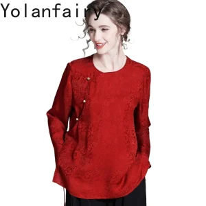 YOLANFAIRY 70% Real Mulberry Silk Shirts for Women 2026 Vintage O-neck Shirt Long Sleeve Blouses Woman Elegant Jacquard Red Tops - AliExpress Shirts & Blouses
