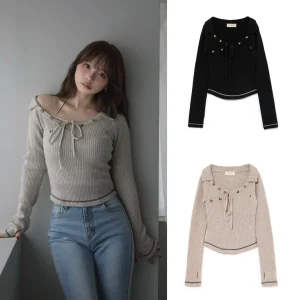 Japanese Knitted Short Top Kawaii Strap Slanted Shoulder Long Sleeve Splicing Stitching  Y2K Sweet Casual Daily Street Style Top - AliExpress Sweaters&Jumpers