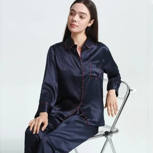 100% mulberry silk Matching Pajamas 2 Piece Set navy blue button Pyjamas nightwear Long-Sleeved Women Pj Homewear Suit Loungwear - AliExpress Women's Sleep & Lounge