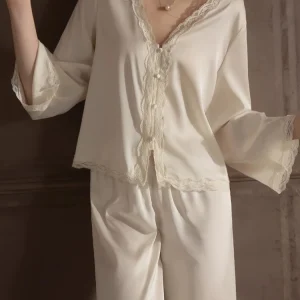 Winsleter-Sexy Women 2 Piece Pajamas Set, Lace Patchwork, French Solid Sweet Long Sleeve Sleep Homewear, 2026 Spring S62943CC - AliExpress Women's Sleep & Lounge