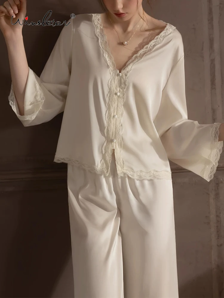 Winsleter-Sexy Women 2 Piece Pajamas Set, Lace Patchwork, French Solid Sweet Long Sleeve Sleep Homewear, 2026 Spring S62943CC - AliExpress Women's Sleep & Lounge