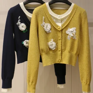 2025 Autumn New Fashion 3D Flower Beaded Color-Block Fake Two-Piece Sweater Women's Casual Long-Sleeve Knitted Cardigan Tops - AliExpress Sweaters&Jumpers