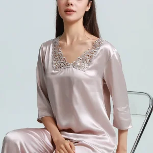 100% Mulberry Silk Women's Pajamas Set Sleepwear Pjs Button Down Half Sleeves Shirt Top and Trousers Loungewear 2 Piece Pajama - AliExpress Women's Sleep & Lounge