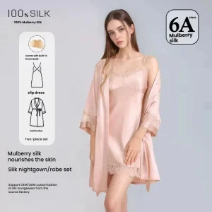 New Lace Silk 2PCS Sleepwear Set 19 Momme 100% Mulberry Silk With Chest Pad Short Slip Bridal Robe Sexy Loungewear - AliExpress Women's Sleep & Lounge