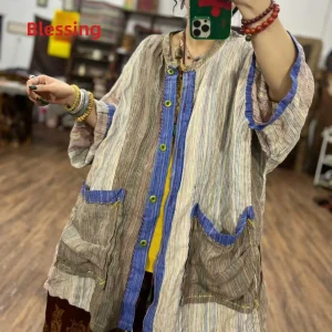 Pure Linen Color Woven Vintage Sle Patchwork Lazy Feel Open Cardigan Coat Women's Comfortable Breathable Seven Sve Length - AliExpress Shirts & Blouses