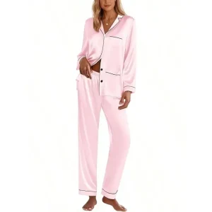 Pink Satin Women Pajama Set Long Sleeve Button Down Lounge Wear - AliExpress Women's Sleep & Lounge
