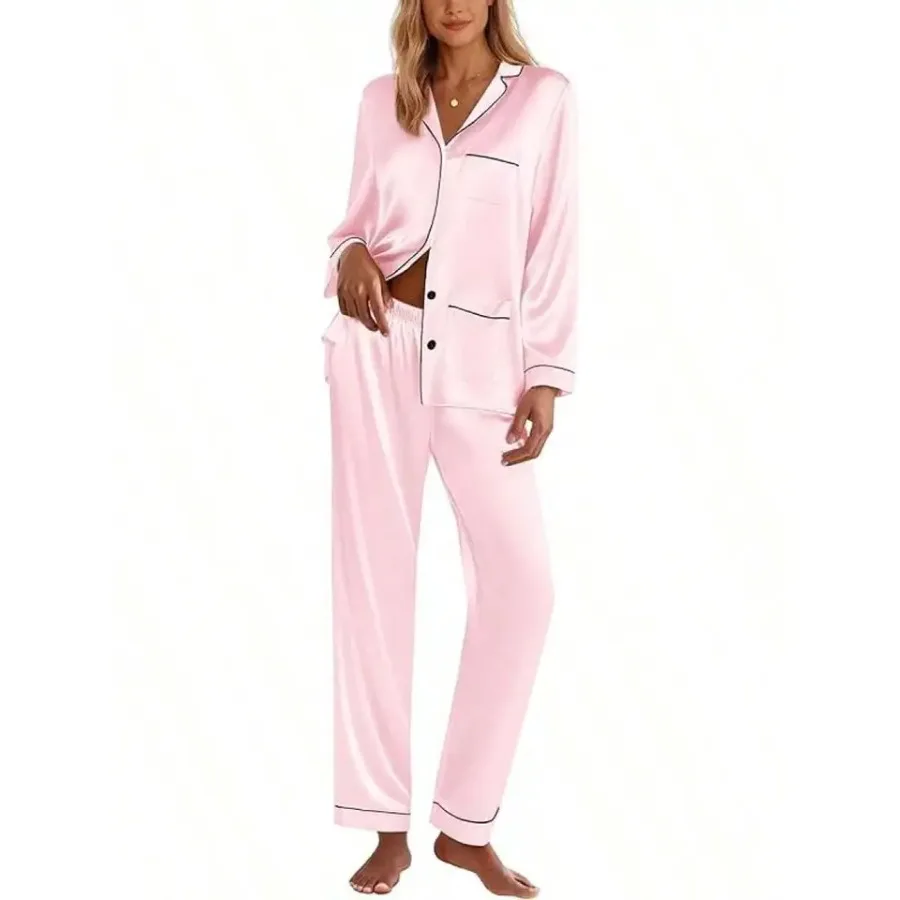 Pink Satin Women Pajama Set Long Sleeve Button Down Lounge Wear - AliExpress Women's Sleep & Lounge