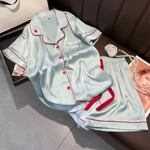 New silk sleepwear thin and simple home short sleeved shorts set gray blue - AliExpress Women's Sleep & Lounge