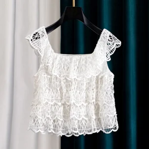 Summer Chic White Lace Shirt Sleeveless Women's Sweet Style Cotton round Neck Short Length Bright Sequin Detail Wood Grain - AliExpress Shirts & Blouses