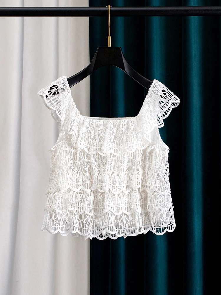 Summer Chic White Lace Shirt Sleeveless Women's Sweet Style Cotton round Neck Short Length Bright Sequin Detail Wood Grain - AliExpress Shirts & Blouses