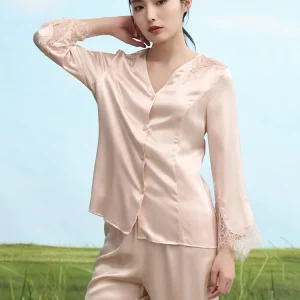 100% Natural Mulberry Silk Satin Pajama Set Women's Spring Summer Long Sleeve Top Long Pants Solid Lace Home Clothes Loungewear - AliExpress Women's Sleep & Lounge