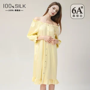 100% Mulberry Silk Nightgown French Off Shoulder Puff Sleeve Plus Size Princess Sleepwear Elegant Soft Dress Summer Loungewea - AliExpress Women's Sleep & Lounge