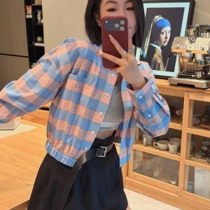 Spring Summer Blue Pink Plaid Elastic Hem Shirt Refreshing Simple Fashionable Turn-down Collar Long Sleeve Women's Top - AliExpress Shirts & Blouses