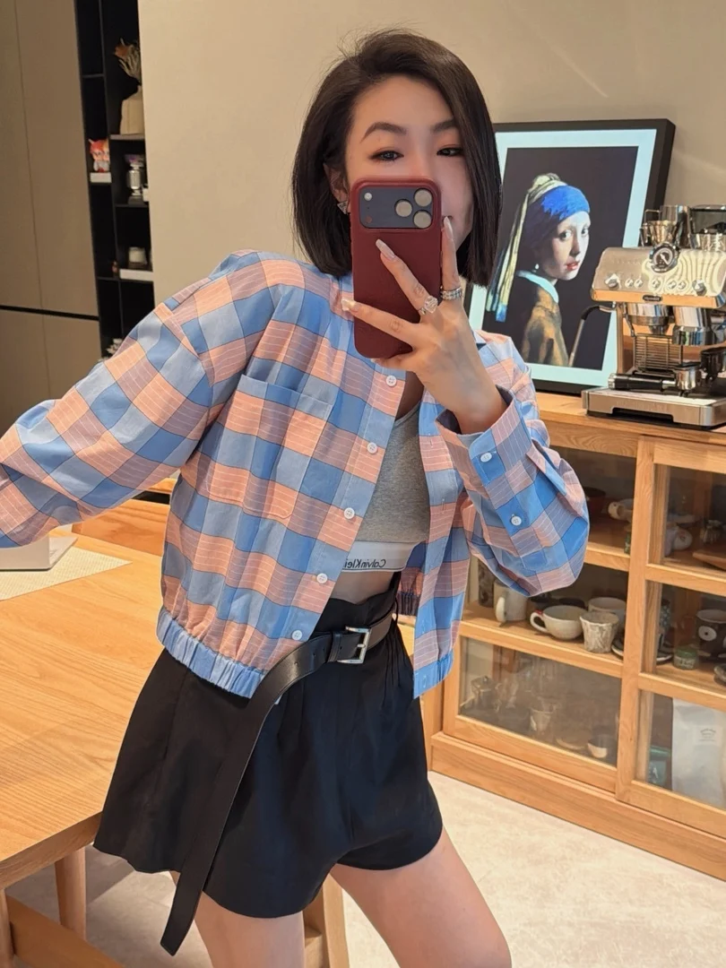 Spring Summer Blue Pink Plaid Elastic Hem Shirt Refreshing Simple Fashionable Turn-down Collar Long Sleeve Women's Top - AliExpress Shirts & Blouses