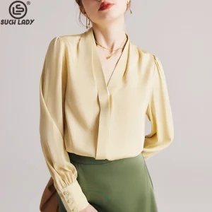 90% Natural Silk 10% Spandex Women's Shirt Sexy V Neck Long Sleeves Ruched Elegant Fashion Blouse Tops - AliExpress Shirts & Blouses