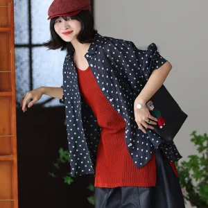 Artistic Vintage Polka Dot Linen Casual Women's Shirt Three-Quarter Sleeve Printed Top Skin-friendly Breathable Straight Cut - AliExpress Shirts & Blouses