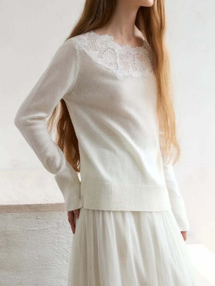 Women's Lace Embroidery Patchwork Sweater Round Neck Long Sleeve Elegant Ladies Wool Cashmere Knitted Pullover - AliExpress Sweaters&Jumpers