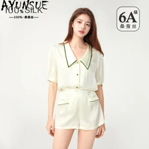AYUNSUE Silk Women's Pajamas Doll Collar Tops Short Pajama Pants Solid Color Womens Matching Sets Woman Clothes Пижама Женская - AliExpress Women's Sleep & Lounge