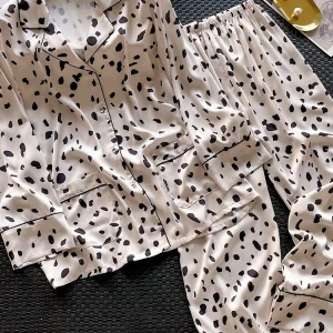 New leopard print white printed pajamas long sleeved home suit set 100% mulberry silk home suit - AliExpress Women's Sleep & Lounge