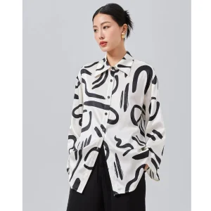 Women Mulberry Silk Shirt Abstract Art Print Lapel Long Sleeve Blouse Loose Oversized Contrast Color Office Commuter Silk Top - AliExpress Shirts & Blouses
