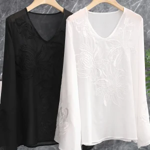 Exquisite Silk Lace Embroidery V-neck Bell Sleeve Chinese Style Shirt Top Women's Comfortable Breathable Long Sleeve Floral P... - AliExpress Shirts & Blouses