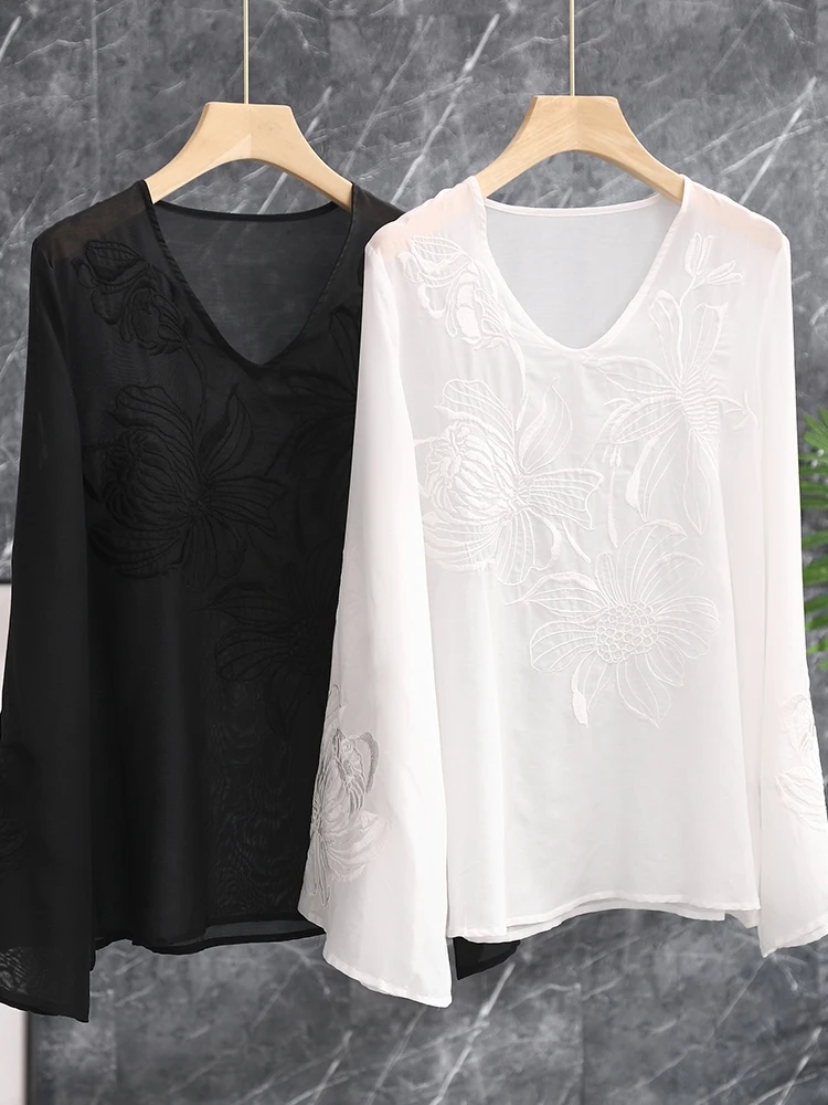 Exquisite Silk Lace Embroidery V-neck Bell Sleeve Chinese Style Shirt Top Women's Comfortable Breathable Long Sleeve Floral P... - AliExpress Shirts & Blouses